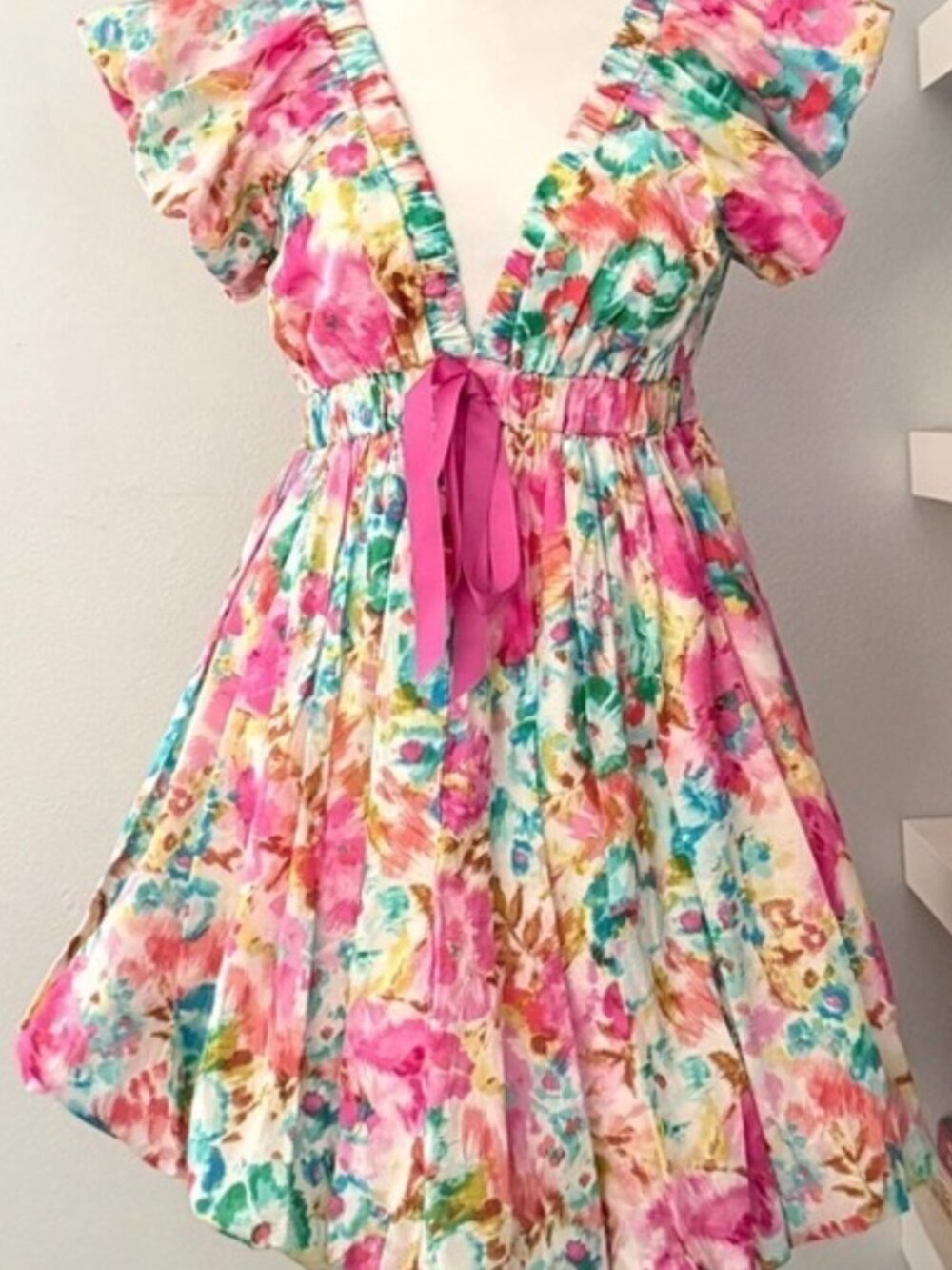 Floral V neck summer mini bubble dress